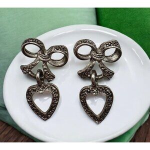 Vintage Bow Heart Shaped Dangle Earrings Silver Tone Classic Elegant